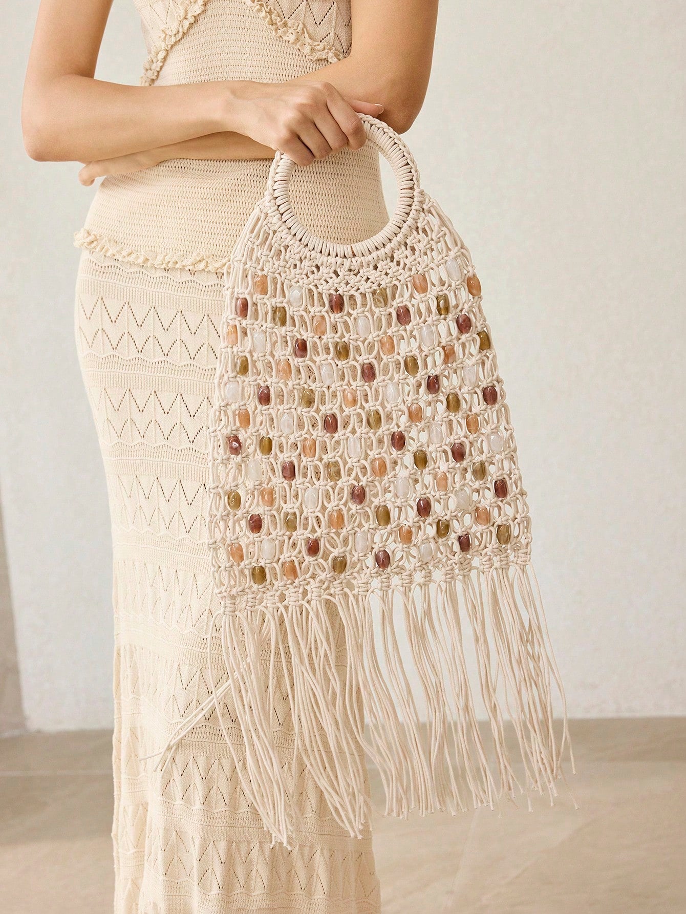 CM-BGS576078 Women Trendy Seoul Style Multi-Color Imitation Stone Head Decor Shoulder Bag - Beige