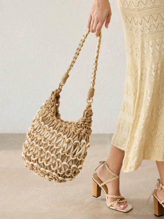 CM-BGS056189 Women Trendy Seoul Style Two-Color Hollow Out Shoulder Tote Bag - Brown