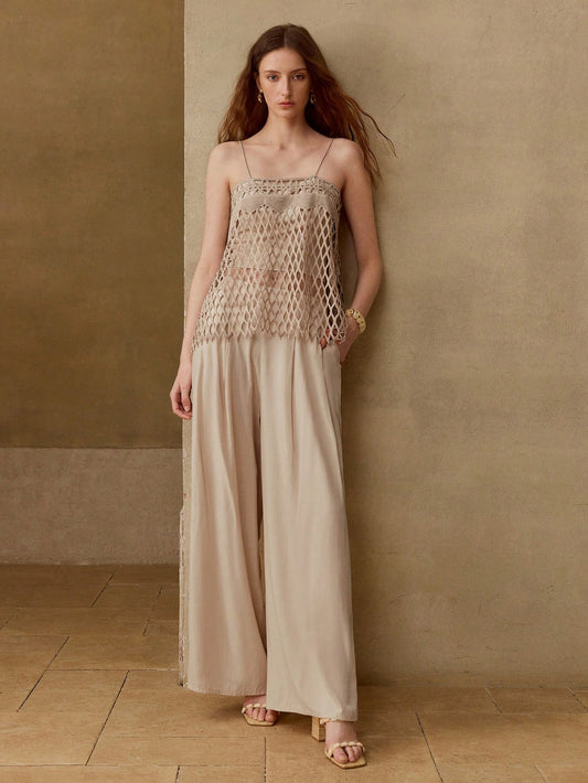 CM-SS928303 Women Trendy Bohemian Style Linen-Like Hollow Out Mesh Cami Top With Wide Leg Pants - Set