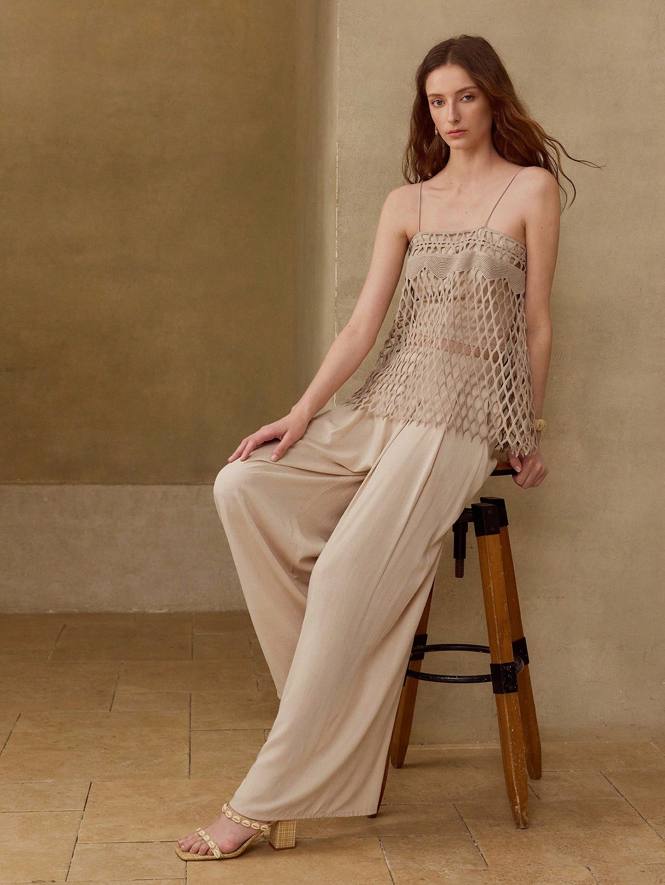 CM-SS928303 Women Trendy Bohemian Style Linen-Like Hollow Out Mesh Cami Top With Wide Leg Pants - Set