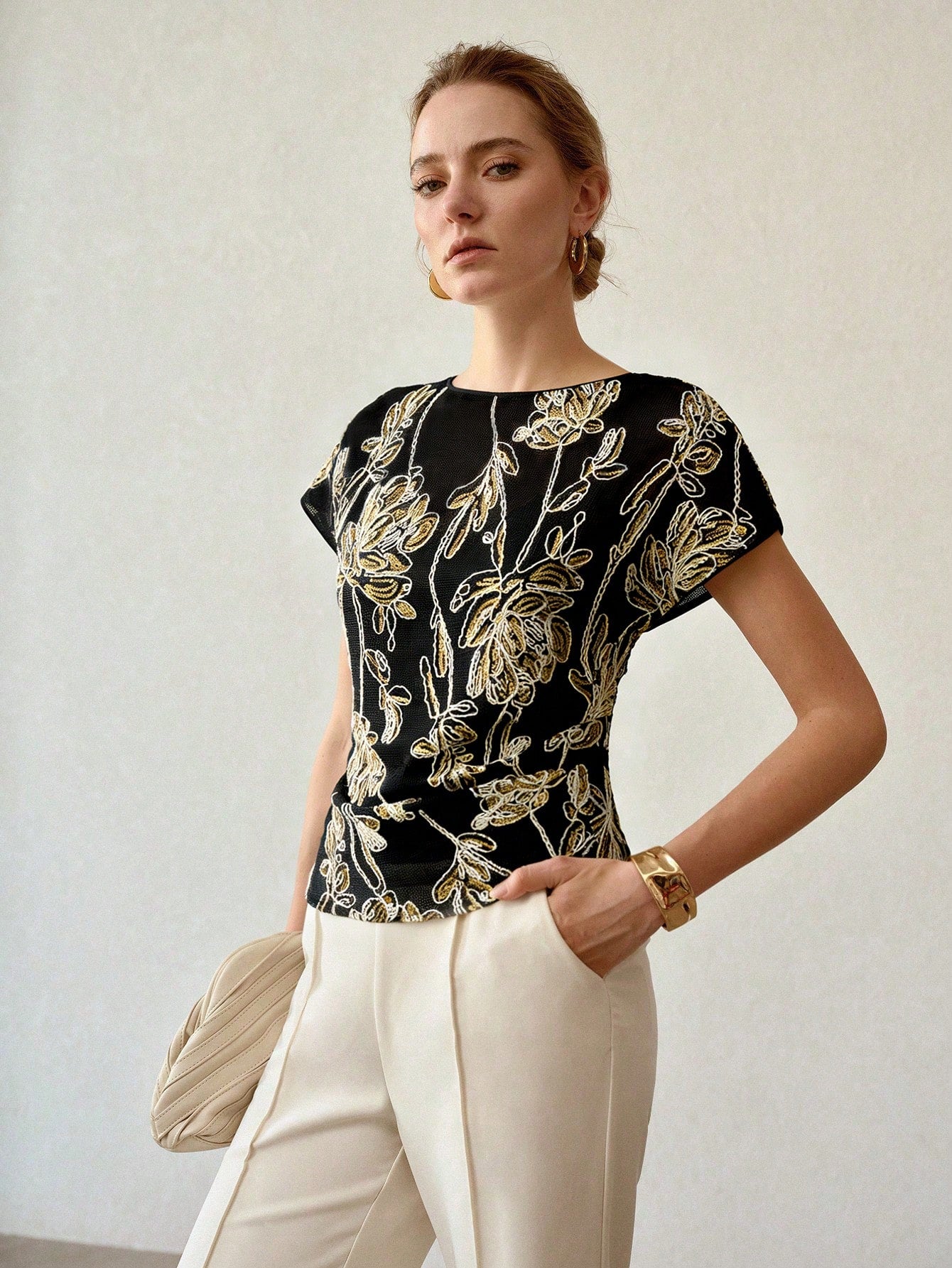 CM-TS137067 Women Elegant Seoul Style Round Neck Short Sleeve Sequin Hollow Floral Embroidery Blouse - Black