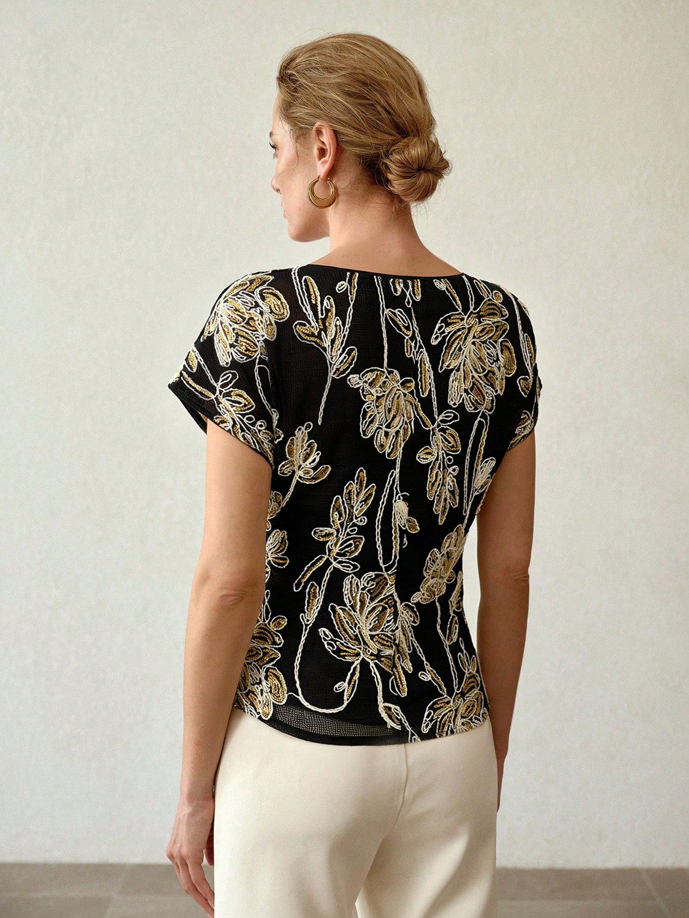 CM-TS137067 Women Elegant Seoul Style Round Neck Short Sleeve Sequin Hollow Floral Embroidery Blouse - Black