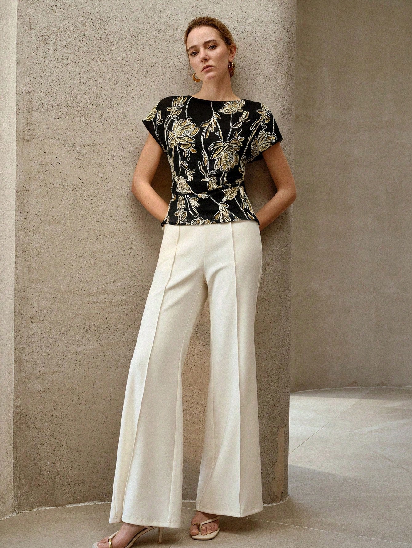 CM-TS137067 Women Elegant Seoul Style Round Neck Short Sleeve Sequin Hollow Floral Embroidery Blouse - Black