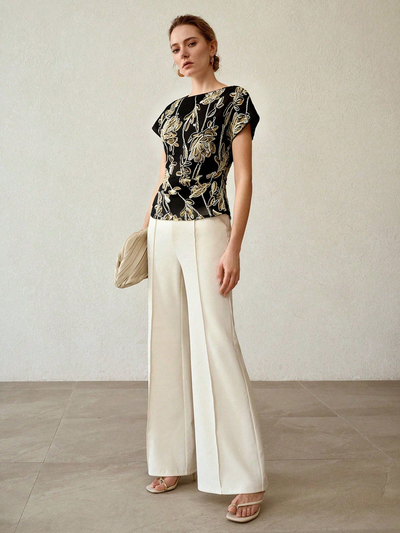 CM-TS137067 Women Elegant Seoul Style Round Neck Short Sleeve Sequin Hollow Floral Embroidery Blouse - Black