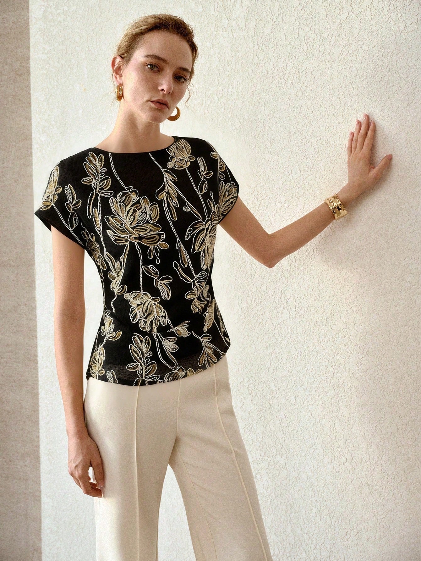 CM-TS137067 Women Elegant Seoul Style Round Neck Short Sleeve Sequin Hollow Floral Embroidery Blouse - Black