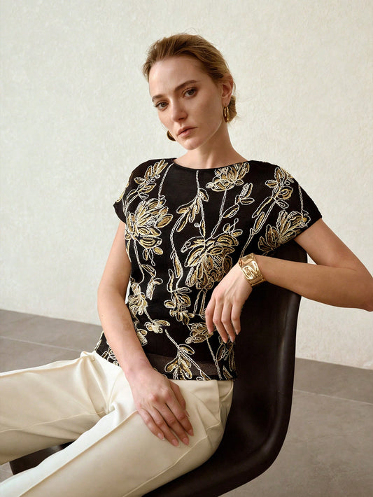 CM-TS137067 Women Elegant Seoul Style Round Neck Short Sleeve Sequin Hollow Floral Embroidery Blouse - Black