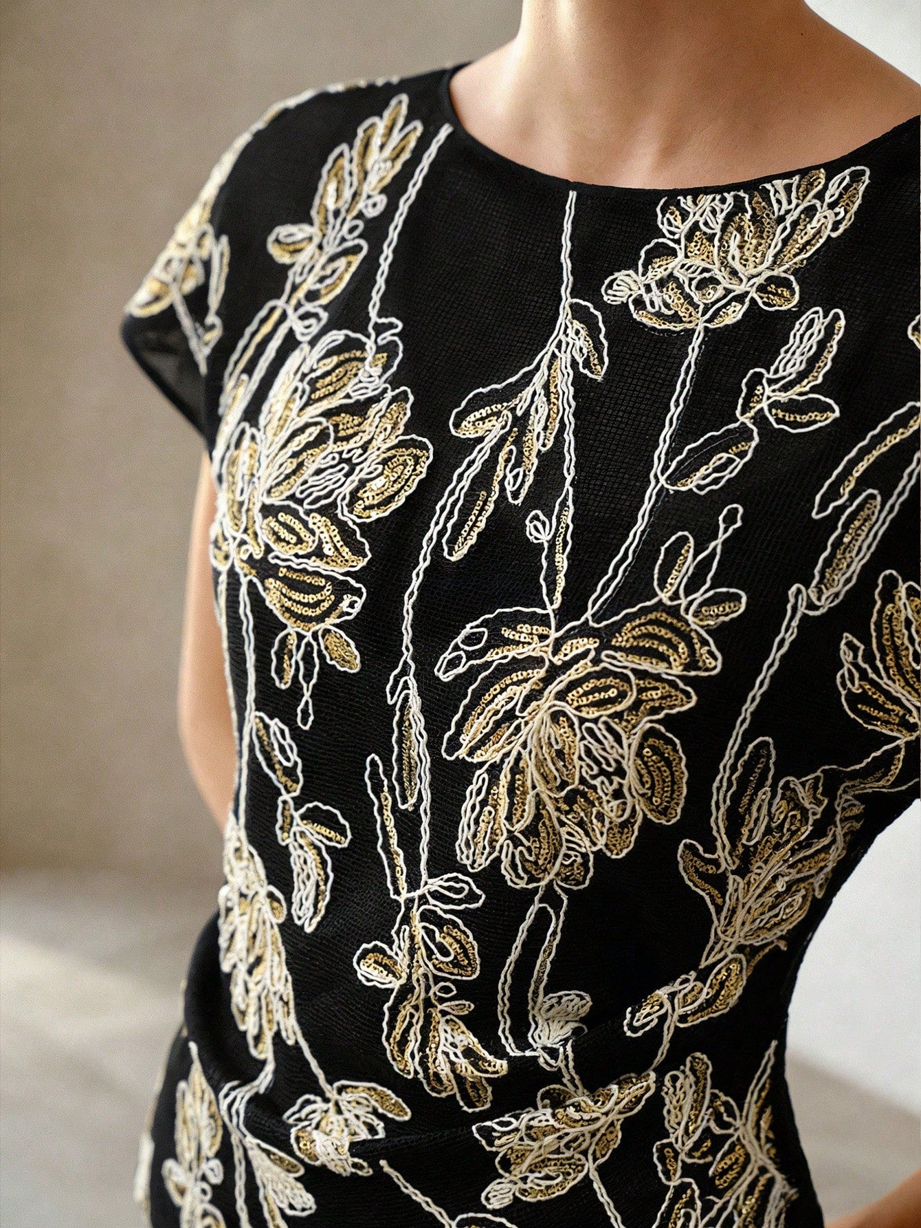 CM-TS137067 Women Elegant Seoul Style Round Neck Short Sleeve Sequin Hollow Floral Embroidery Blouse - Black