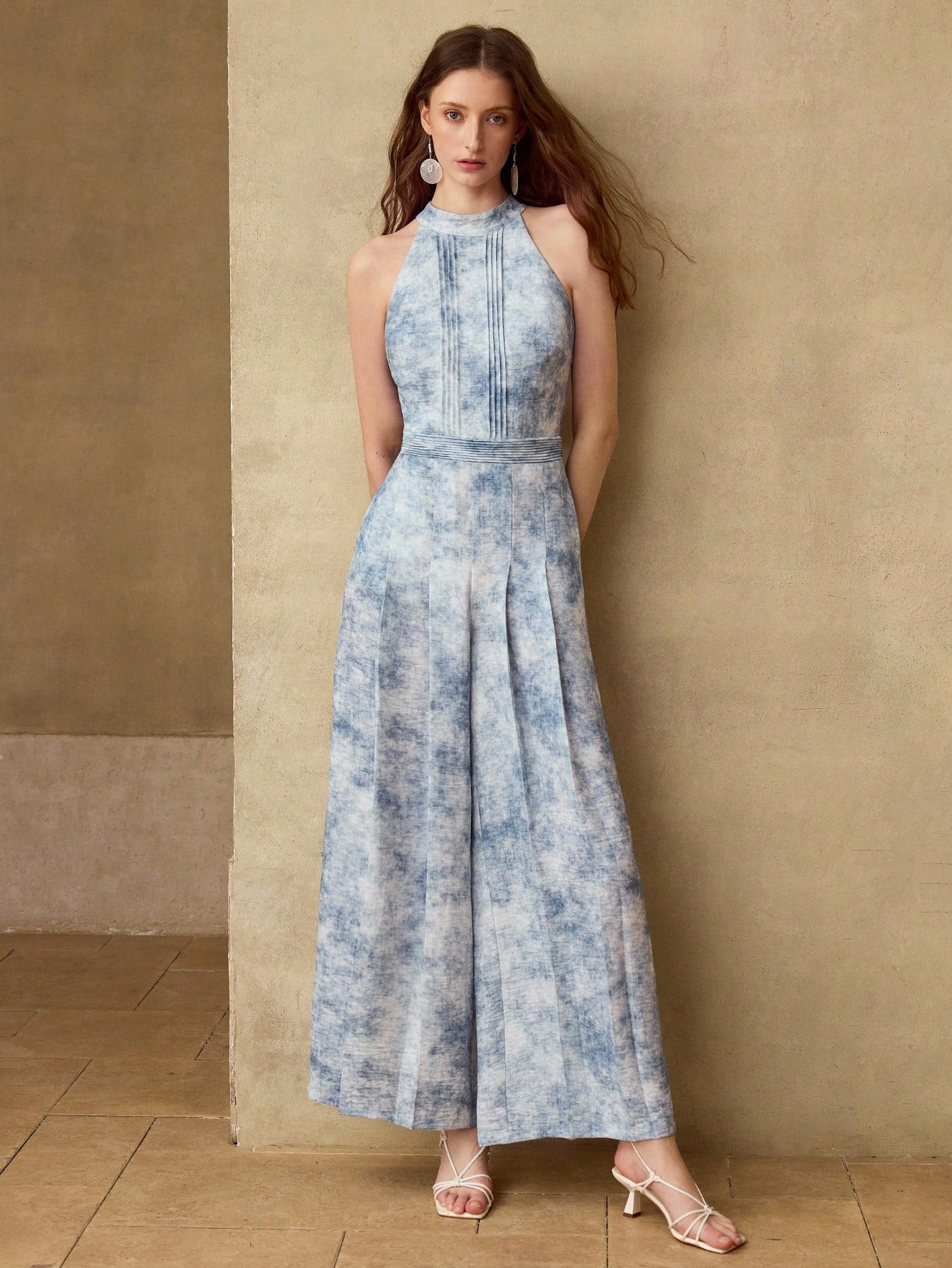 CM-JS068585 Women Elegant Seoul Style Halter Neckline Sleevless Cinching Waist Ombre Jumpsuit - Blue