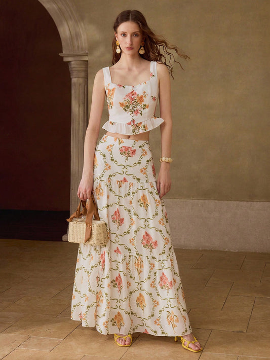 CM-SS723125 Women Elegant Seoul Style Floral Print Ruffle Hem Crop Tank Top With Tiered Skirt - Set