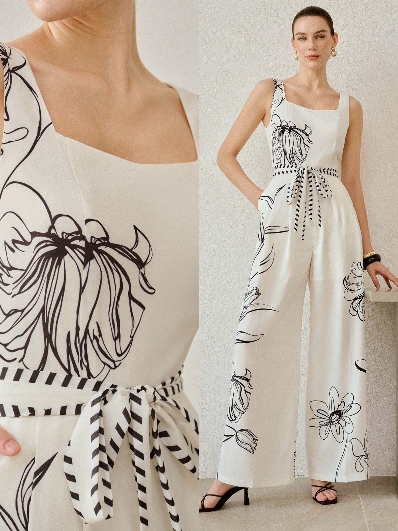 CM-JS005104 Women Casual Seoul Style Sweetheart Neckline Sleeveless Printed Tie Waist Loose Wide Leg Jumpsuit