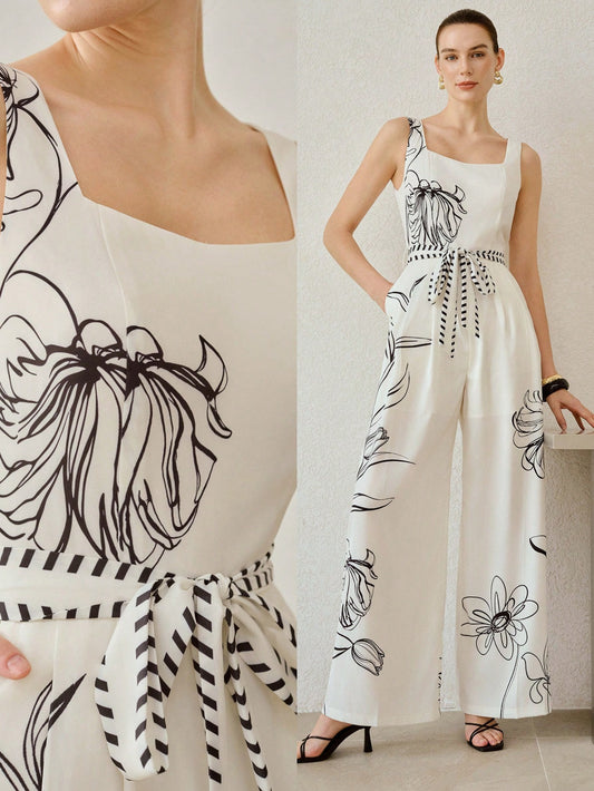 CM-JS005104 Women Casual Seoul Style Sweetheart Neckline Sleeveless Printed Tie Waist Loose Wide Leg Jumpsuit