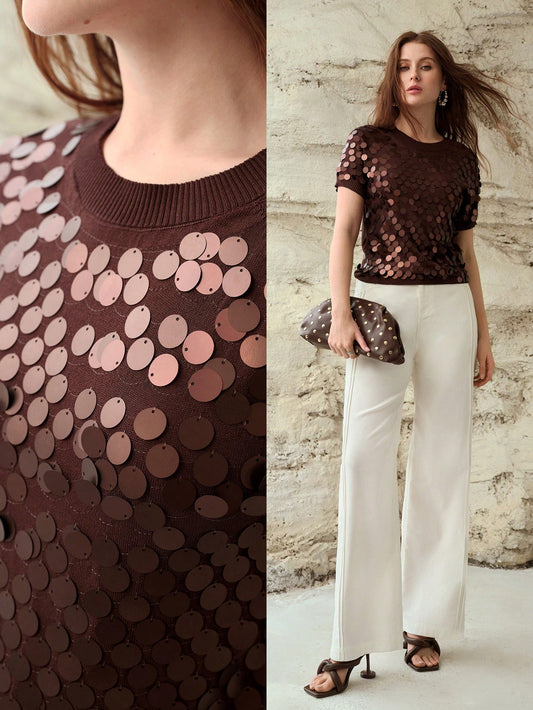 CM-TS429087 Women Elegant Seoul Style Round Neck Short Sleeve Sequin Embellished Knit Pullover Top - Coffee Brown