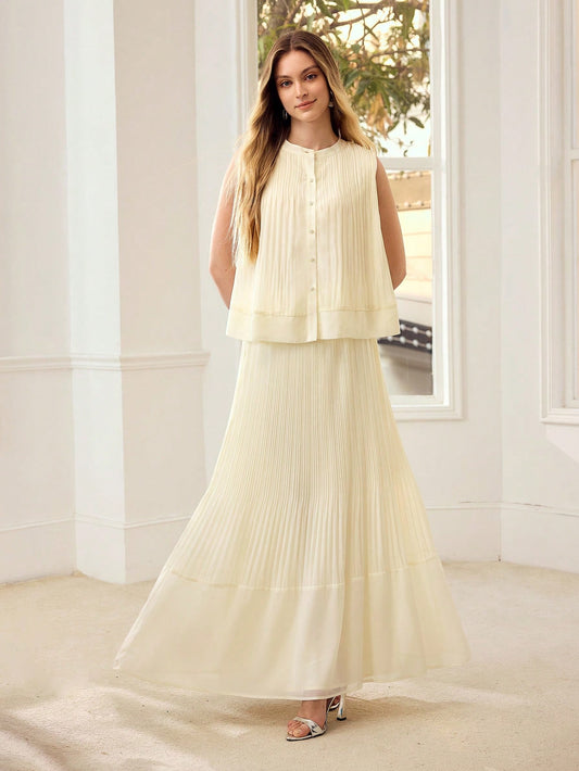 CM-SS837862 Women Elegant Seoul Style Round Neck Pleated Sleeveless Top With Long Skirt - Set