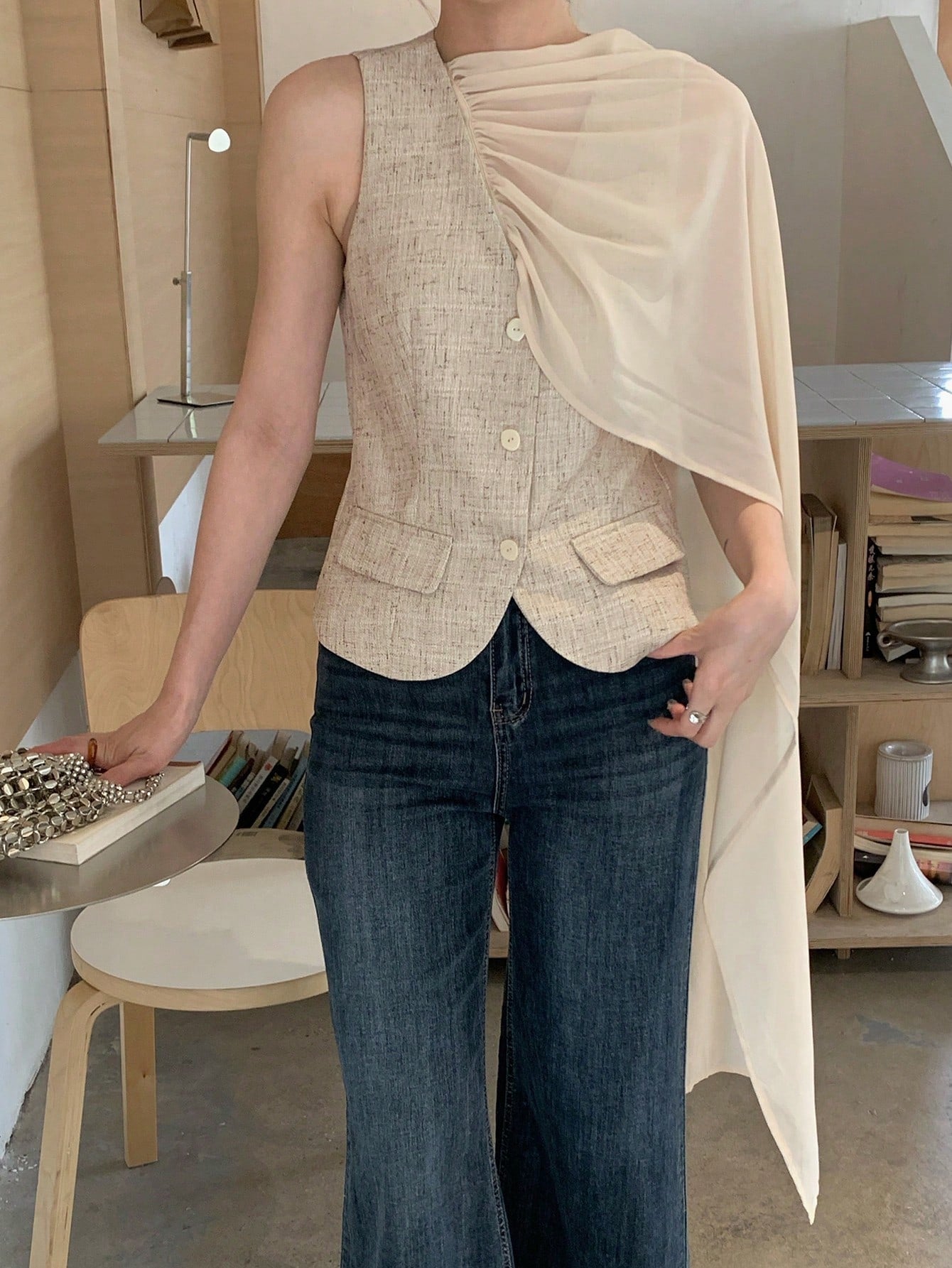 CM-CS724086 Women Elegant Seoul Style V-Neck Sleeveless Patchwork Sleeveless Thin Jacket - Khaki