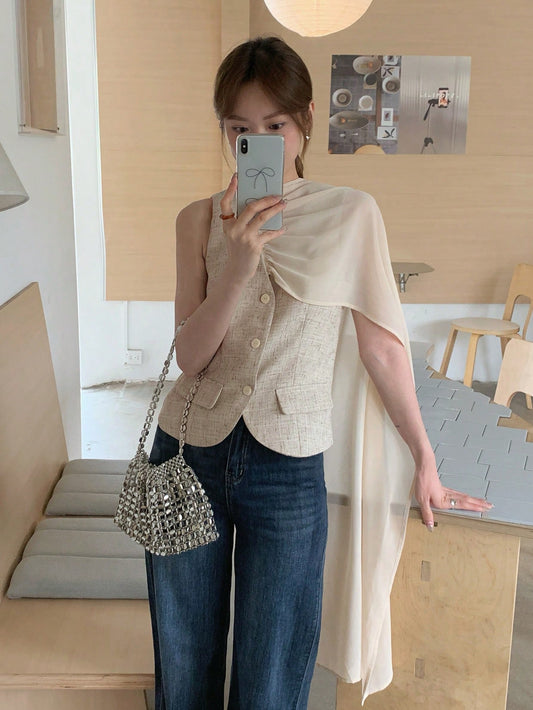 CM-CS724086 Women Elegant Seoul Style V-Neck Sleeveless Patchwork Sleeveless Thin Jacket - Khaki