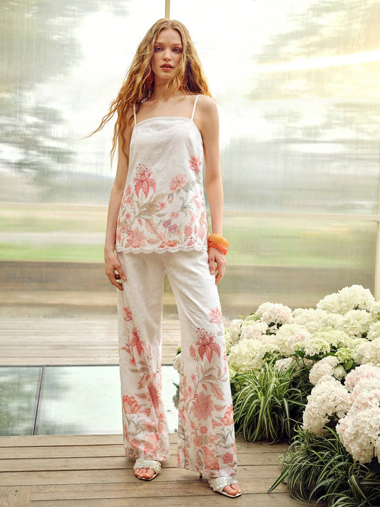 CM-SS193761 Women Trendy Bohemian Style Ditsy Floral Camisole Top With Wide Leg Pants - Set