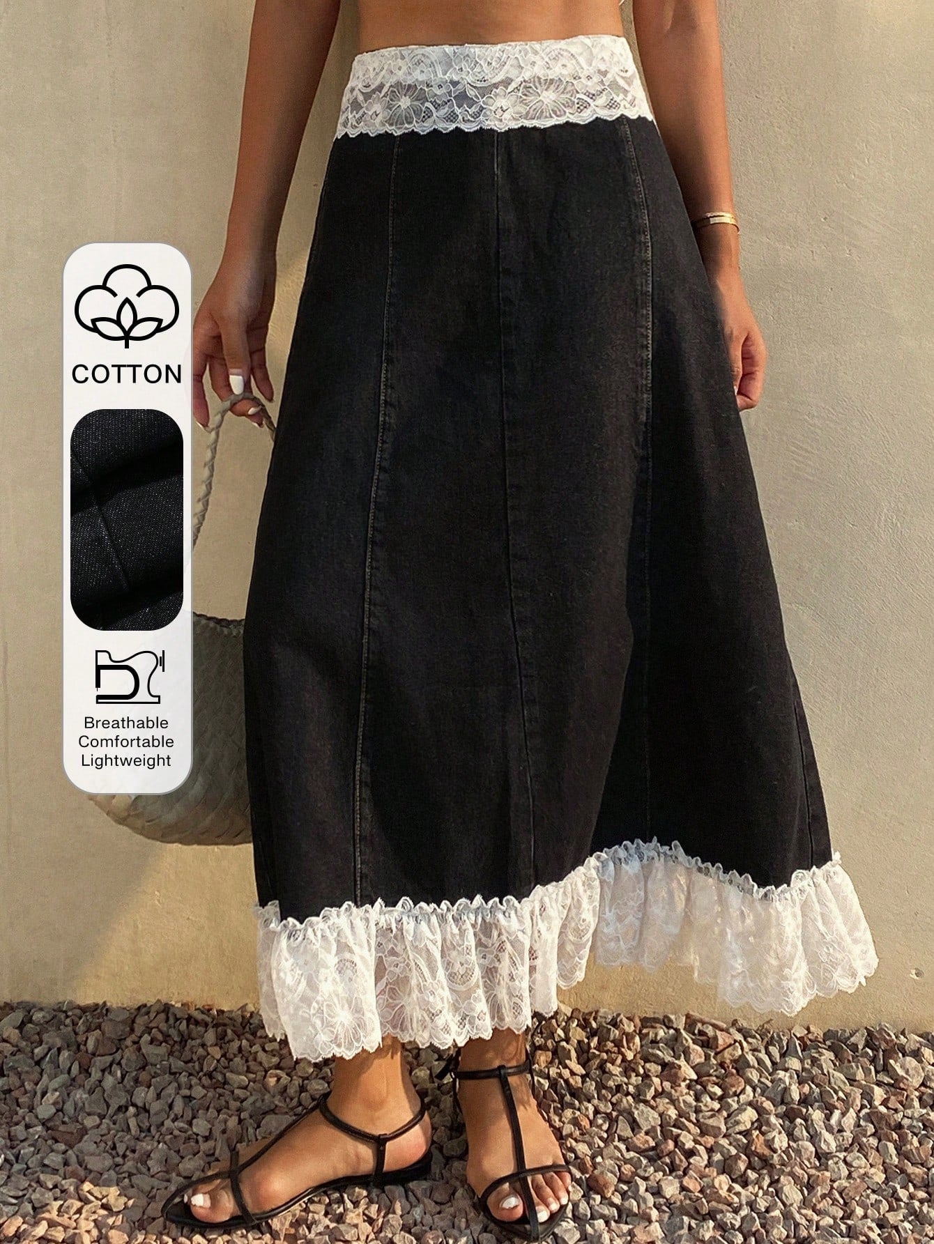 CM-BS123118 Women Casual Seoul Style Lace Patchwork Flared Contrast Color Denim Skirt - Black