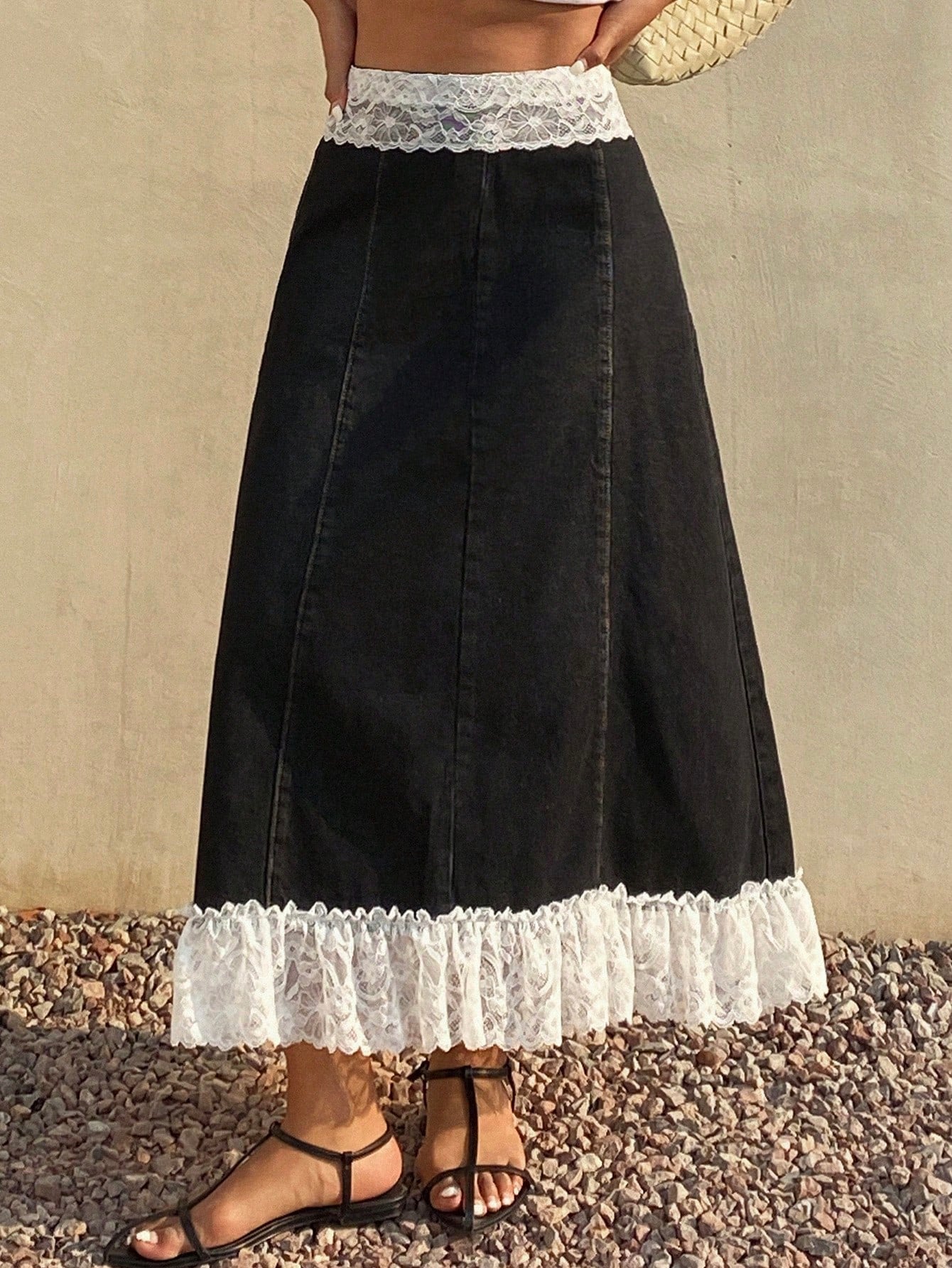 CM-BS123118 Women Casual Seoul Style Lace Patchwork Flared Contrast Color Denim Skirt - Black