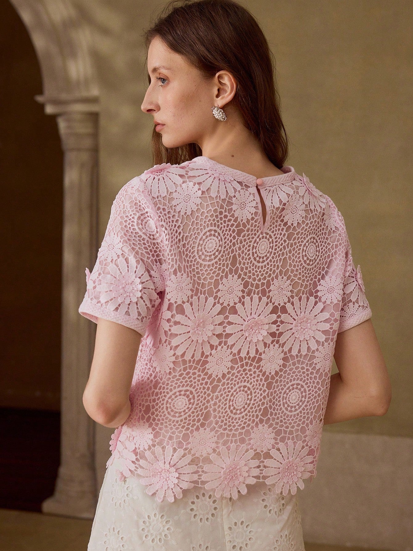 CM-TS227680 Women Elegant Seoul Style Round Neck Short Sleeve Guipure Lace Sheer Top - Pink