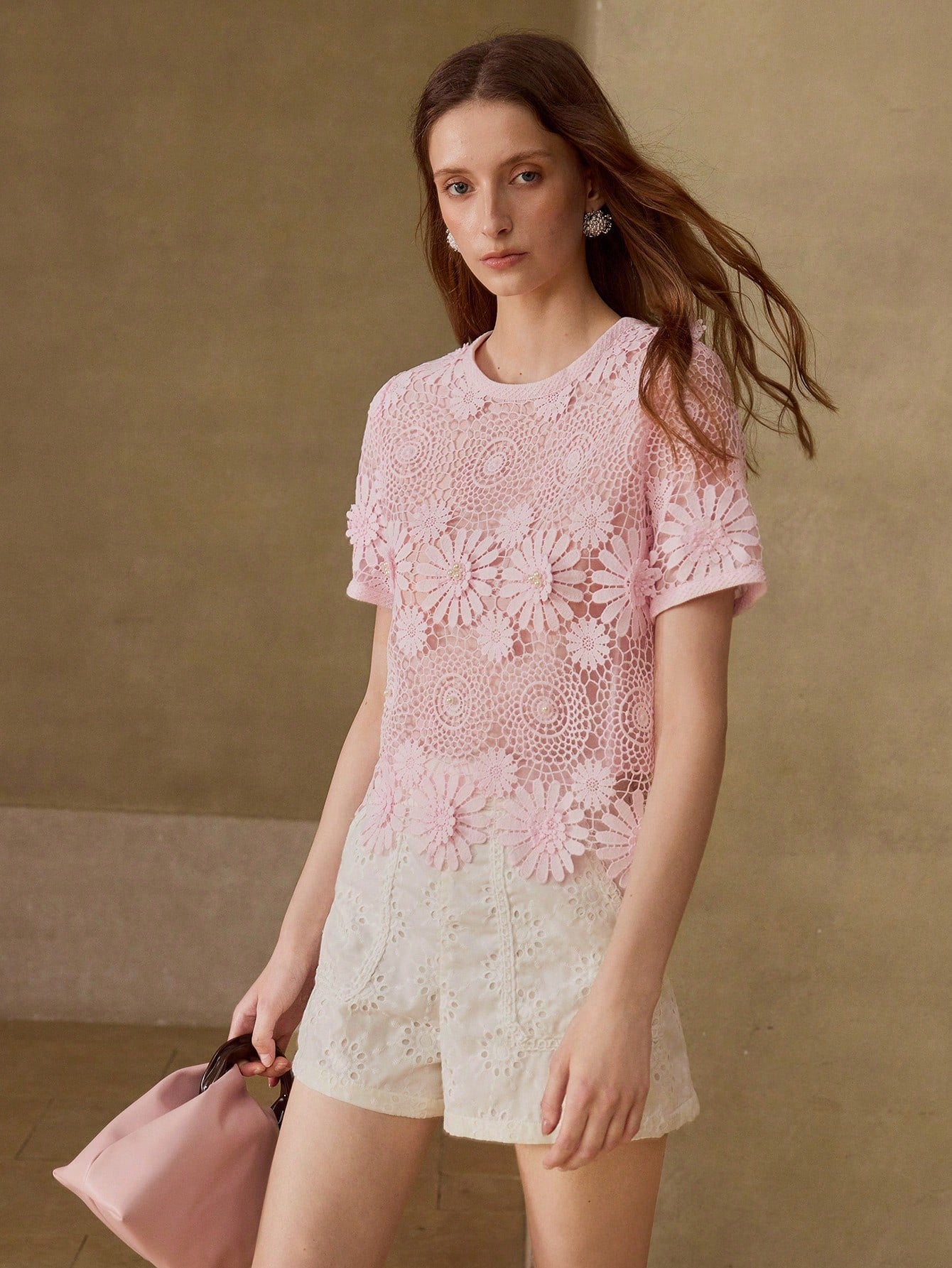 CM-TS227680 Women Elegant Seoul Style Round Neck Short Sleeve Guipure Lace Sheer Top - Pink