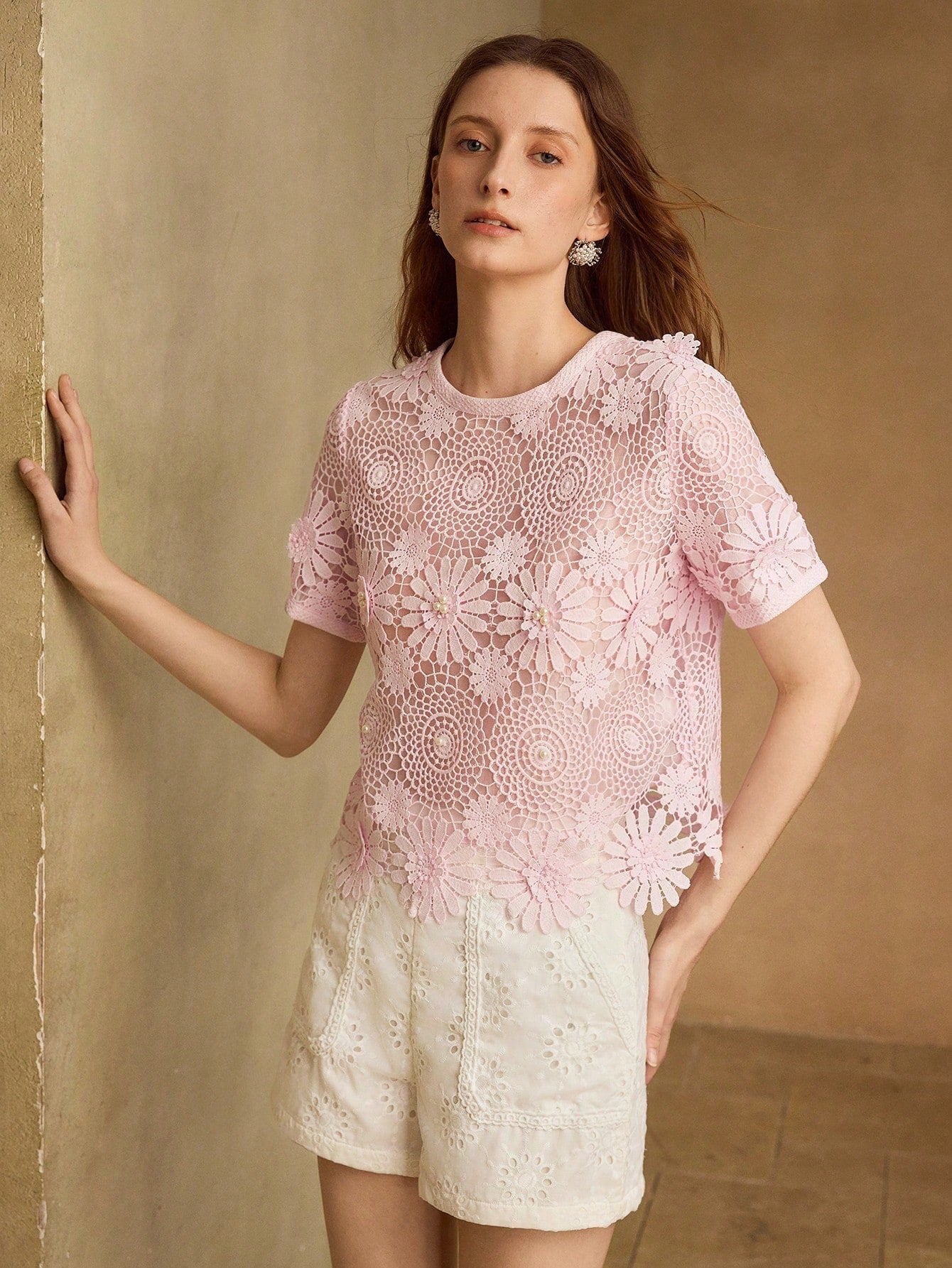 CM-TS227680 Women Elegant Seoul Style Round Neck Short Sleeve Guipure Lace Sheer Top - Pink