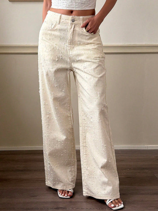 CM-BS600369 Women Casual Seoul Style Mid Waist Pocket Button Wide Leg Jeans - Beige