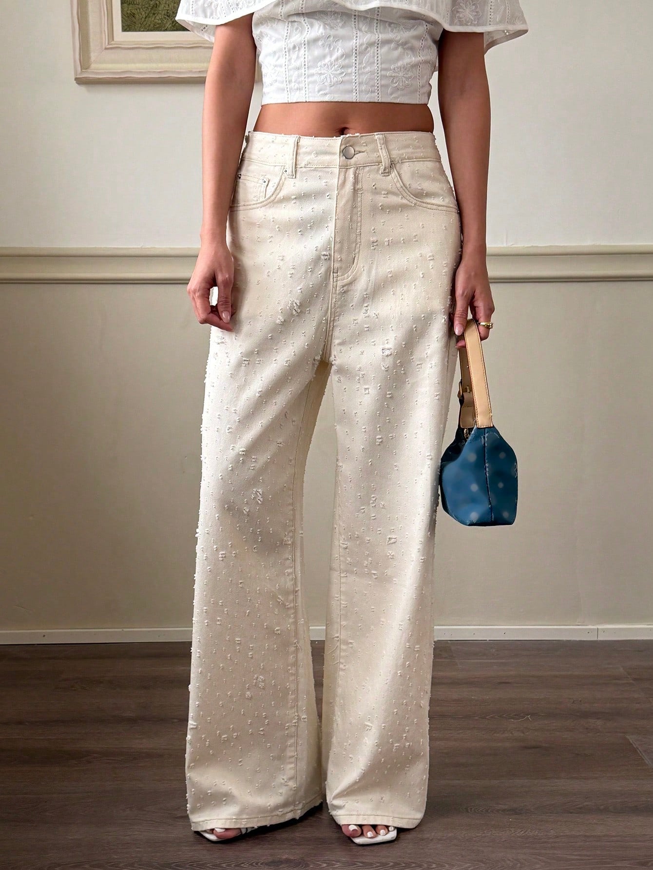 CM-BS600369 Women Casual Seoul Style Mid Waist Pocket Button Wide Leg Jeans - Beige