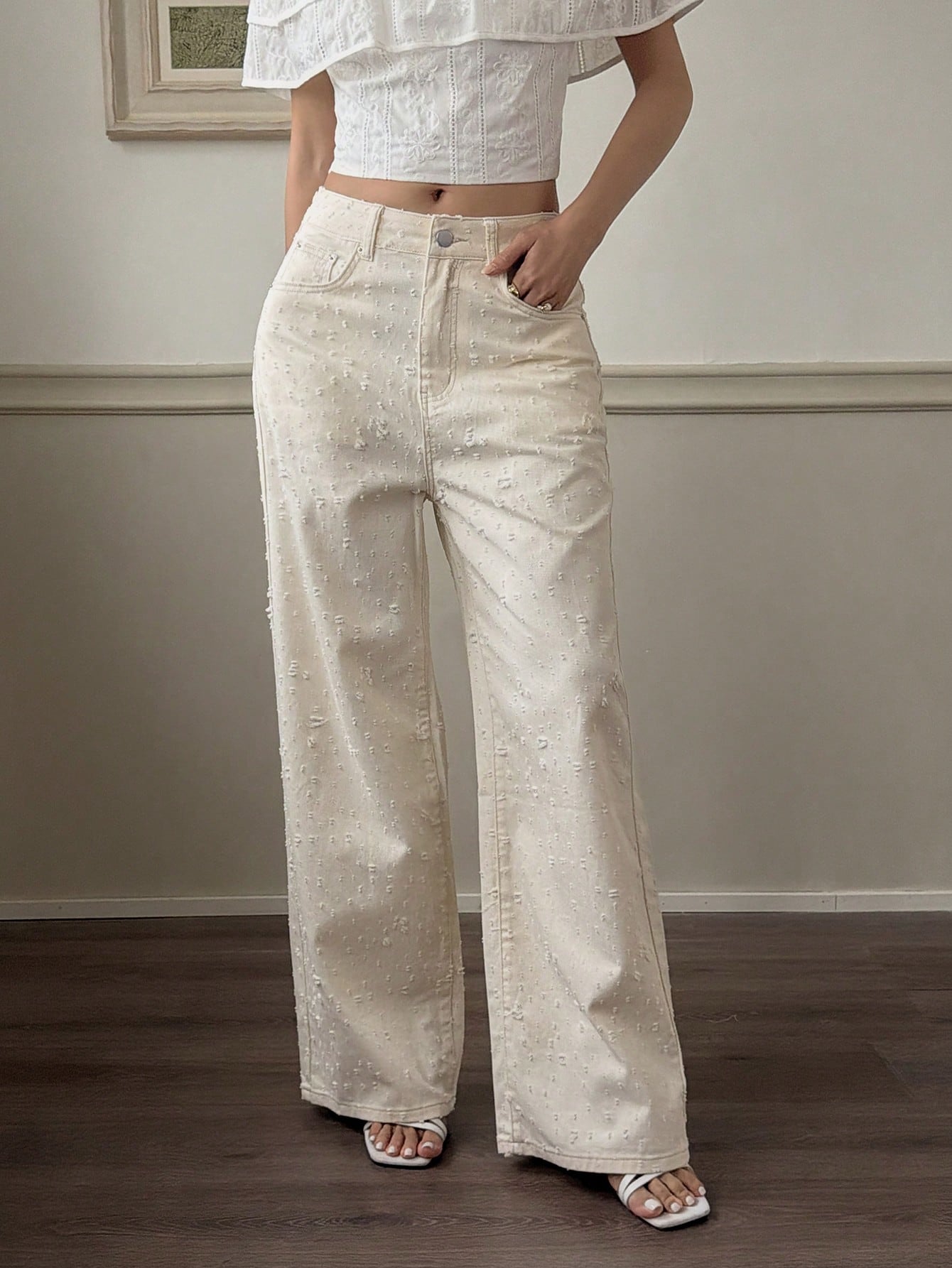 CM-BS600369 Women Casual Seoul Style Mid Waist Pocket Button Wide Leg Jeans - Beige