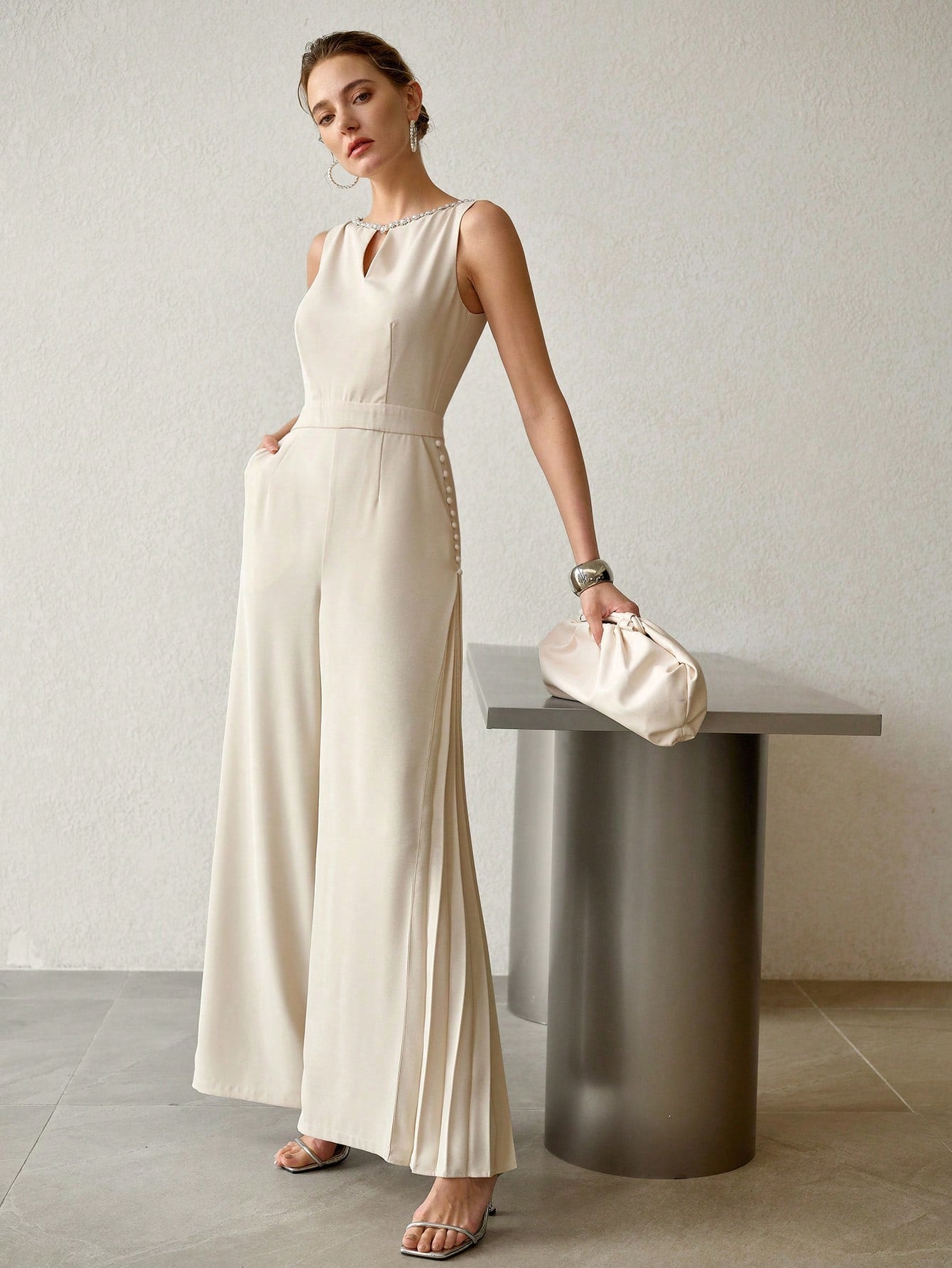 CM-JS388179 Women Elegant Seoul Style Keyhole Neckline Sleeveless High Waist Pleated Jumpsuit - Apricot
