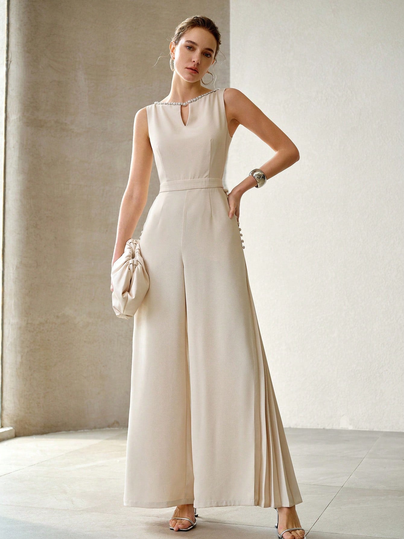 CM-JS388179 Women Elegant Seoul Style Keyhole Neckline Sleeveless High Waist Pleated Jumpsuit - Apricot