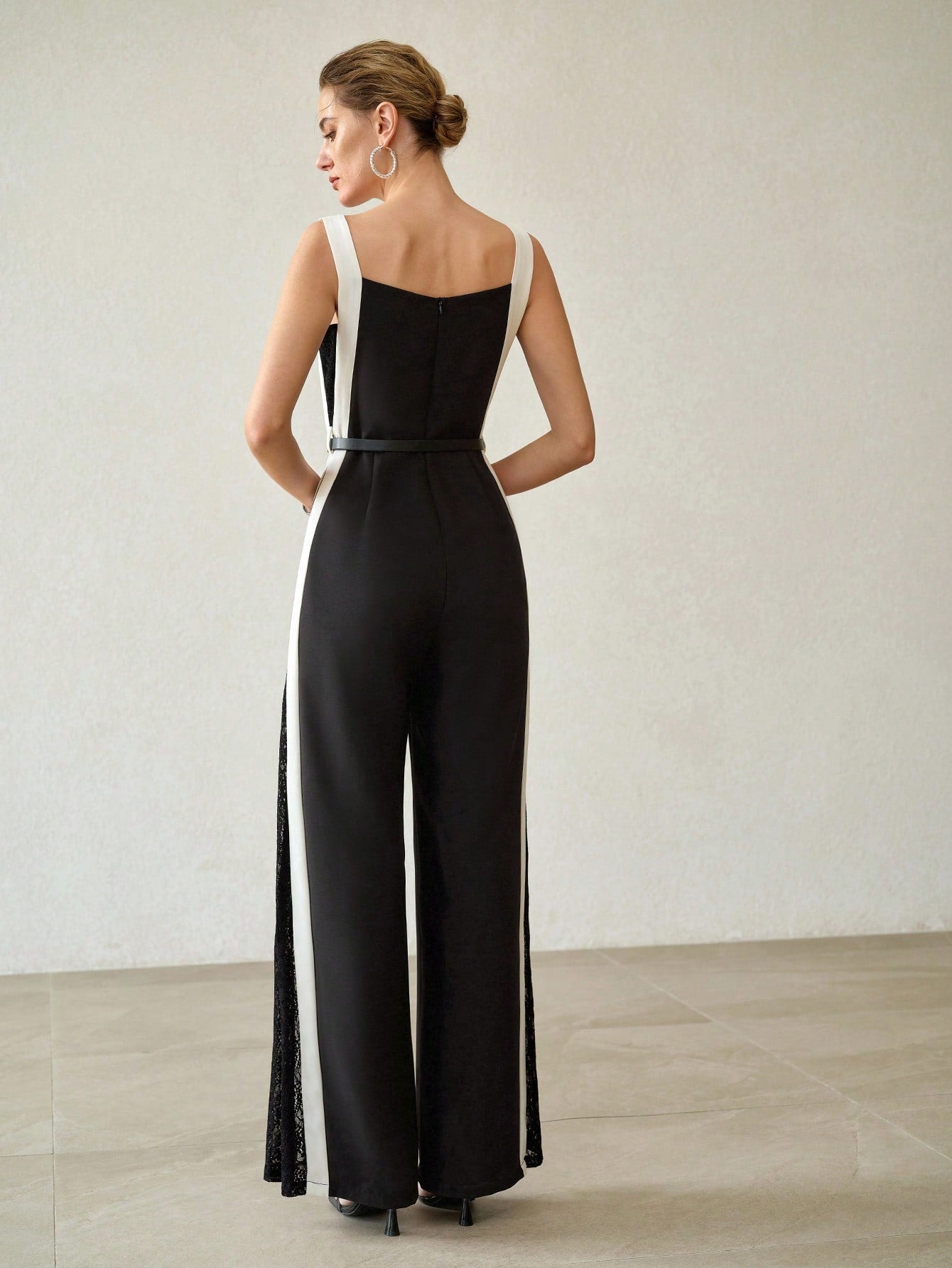 CM-JS505759 Women Elegant Seoul Style Contrast Color Sleeveless High Waist Belted Wide Leg Jumpsuit - Black