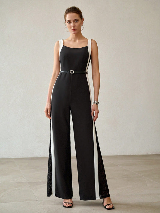 CM-JS505759 Women Elegant Seoul Style Contrast Color Sleeveless High Waist Belted Wide Leg Jumpsuit - Black