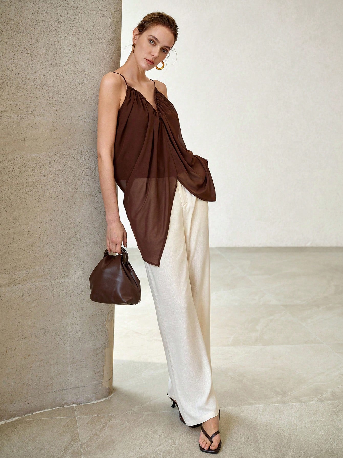 CM-TS057845 Women Casual Seoul Style Spaghetti Strap Ruched Cami Top - Coffee Brown