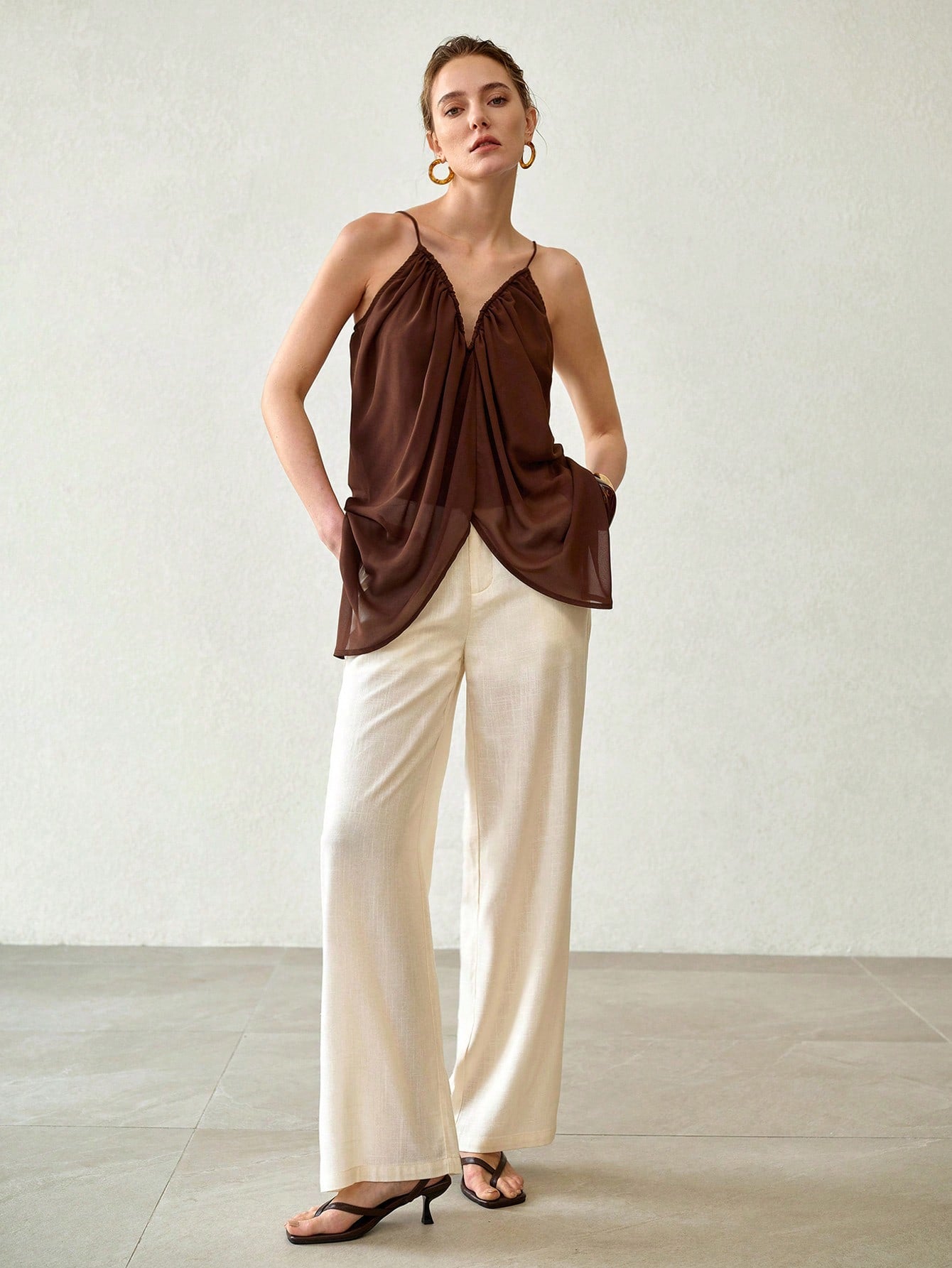 CM-TS057845 Women Casual Seoul Style Spaghetti Strap Ruched Cami Top - Coffee Brown