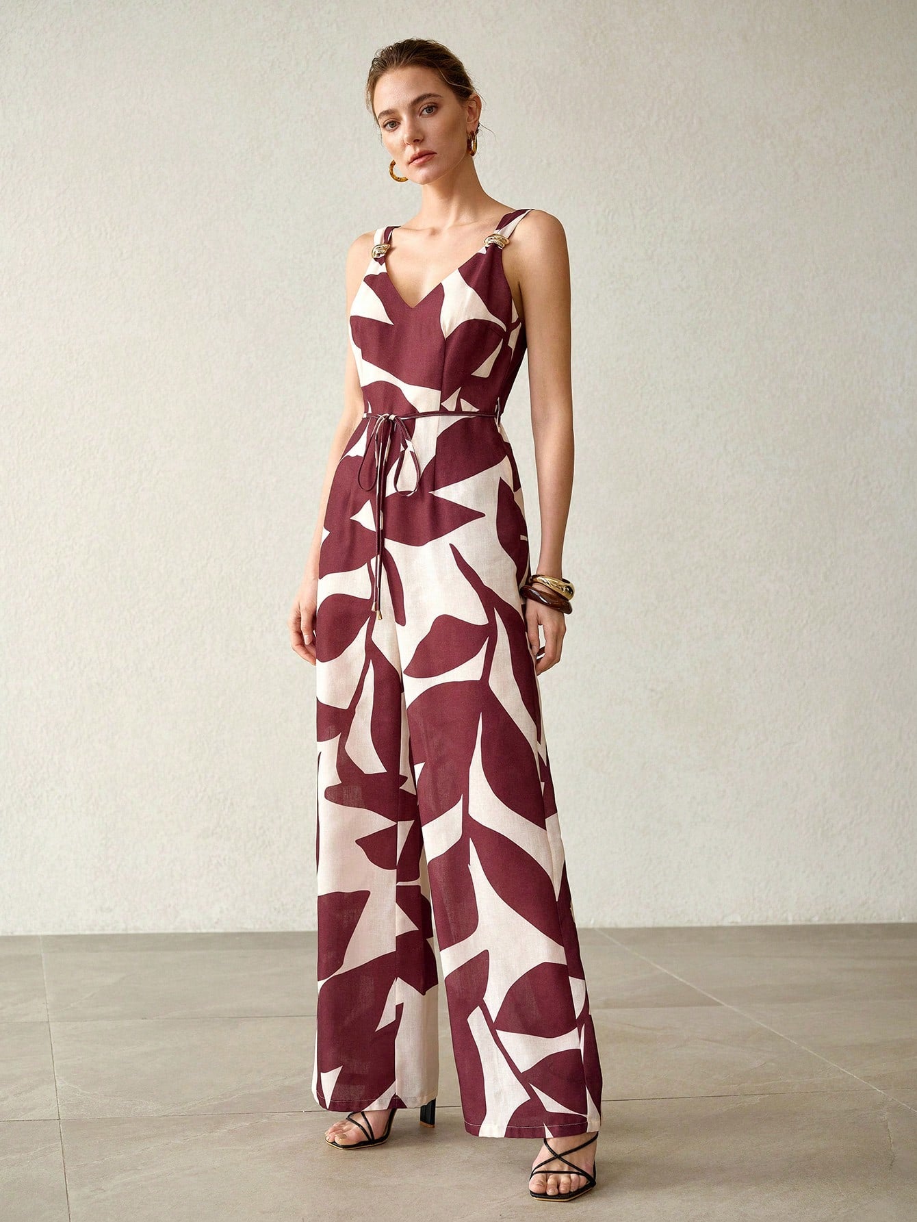 CM-JS542535 Women Elegant Seoul Style Straps Neckline Sleeveless High Waist Linen-Like Jumpsuit - Brown