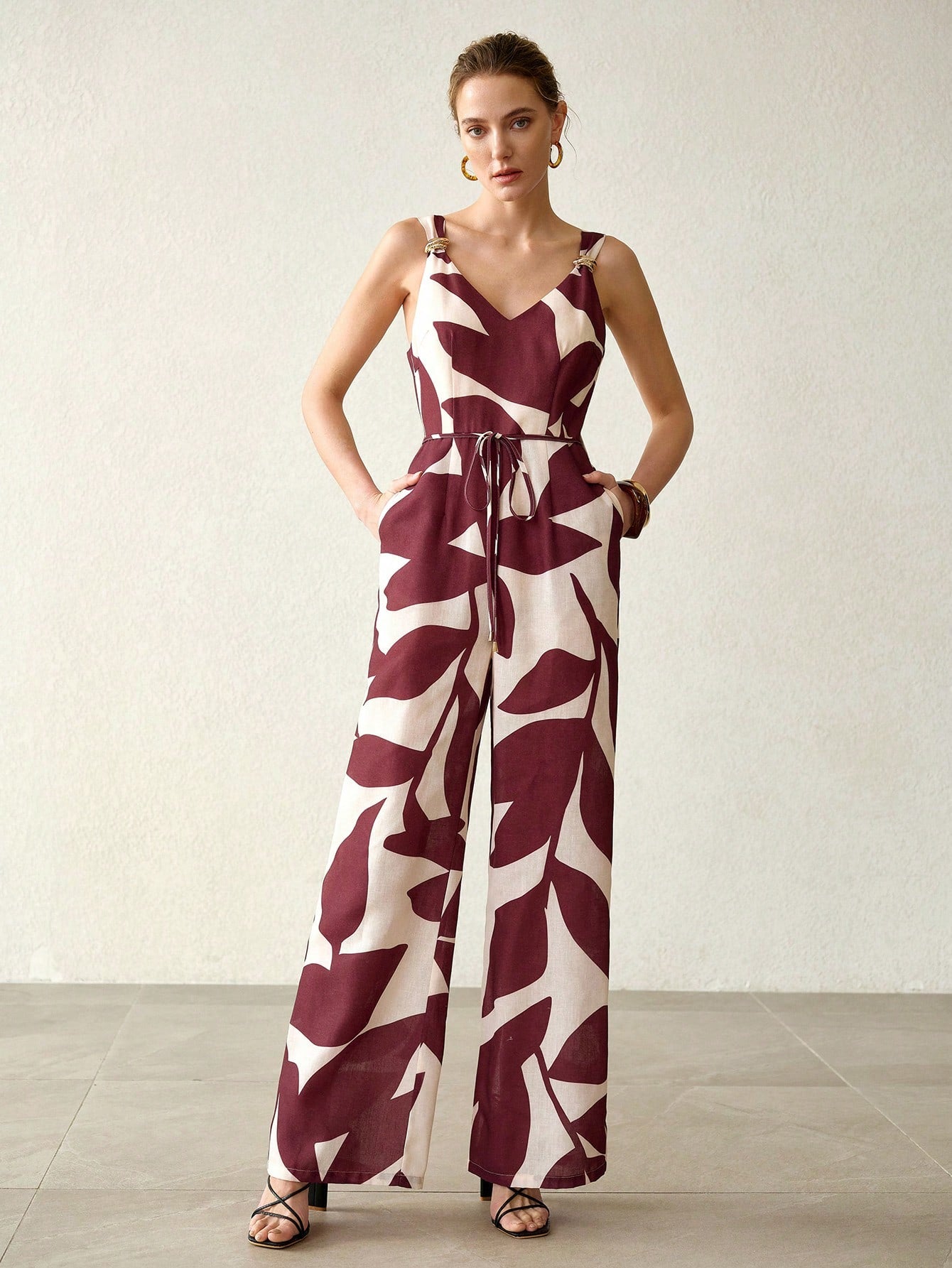 CM-JS542535 Women Elegant Seoul Style Straps Neckline Sleeveless High Waist Linen-Like Jumpsuit - Brown