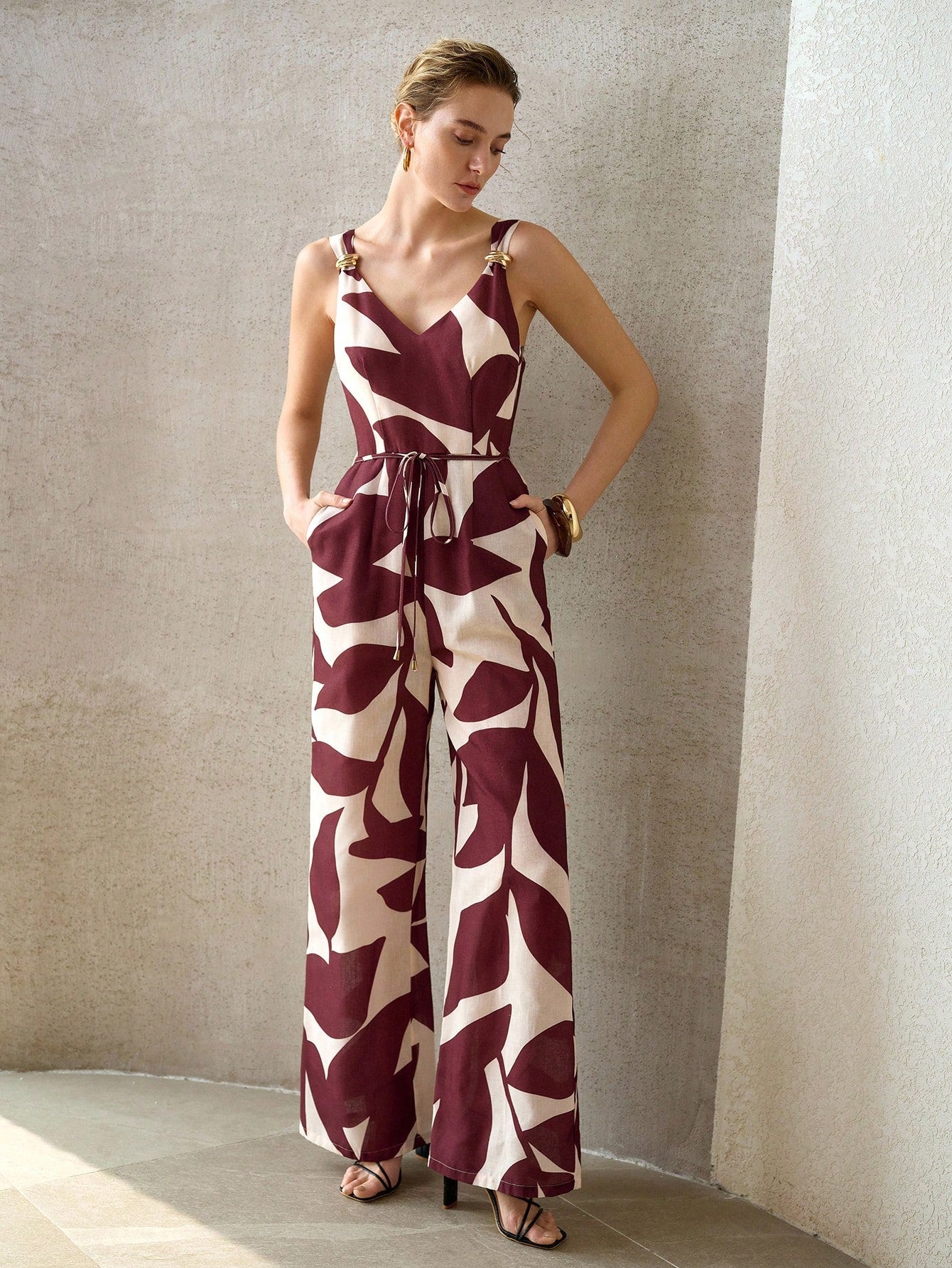 CM-JS542535 Women Elegant Seoul Style Straps Neckline Sleeveless High Waist Linen-Like Jumpsuit - Brown