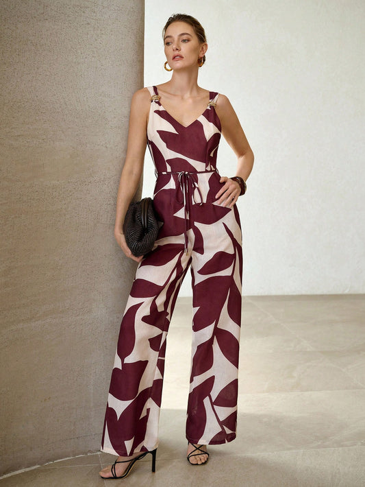 CM-JS542535 Women Elegant Seoul Style Straps Neckline Sleeveless High Waist Linen-Like Jumpsuit - Brown