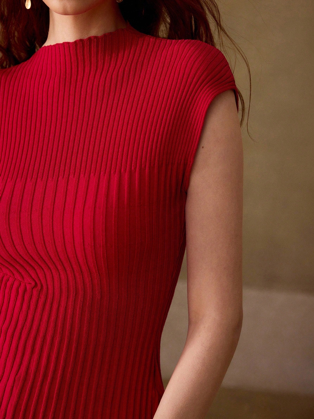 CM-TS968631 Women Elegant Seoul Style Funnel Neck Cap Sleeve Asymmetrical Hem Knitted Top - Red