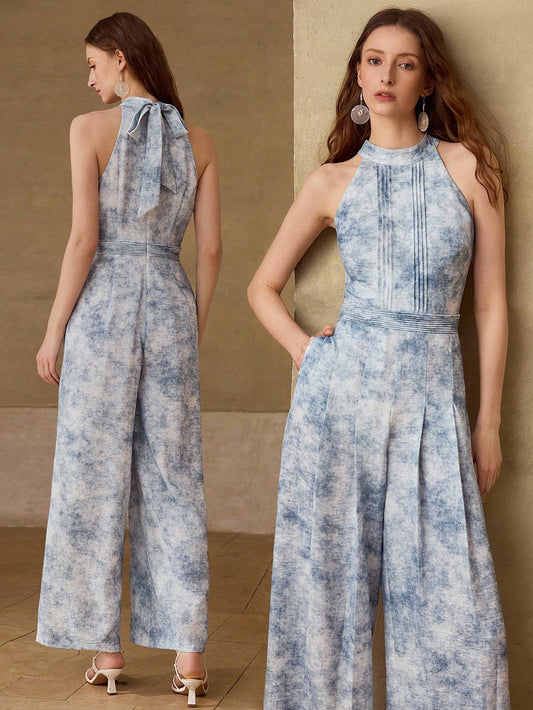CM-JS068585 Women Elegant Seoul Style Halter Neckline Sleevless Cinching Waist Ombre Jumpsuit - Blue