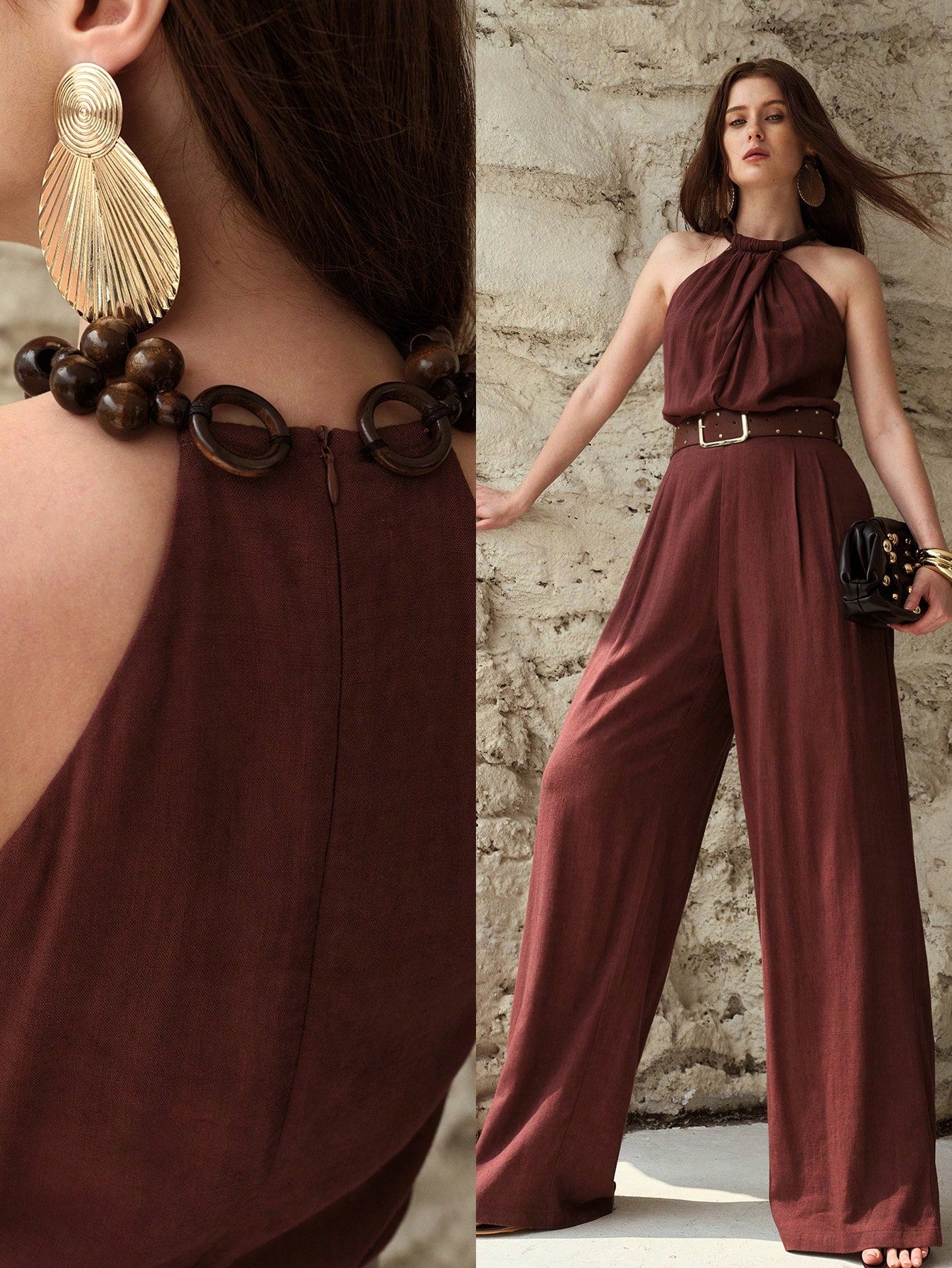 CM-JS763008 Women Elegant Seoul Style Halter Neck Sleeveless High Waist Linen Jumpsuit - Brown