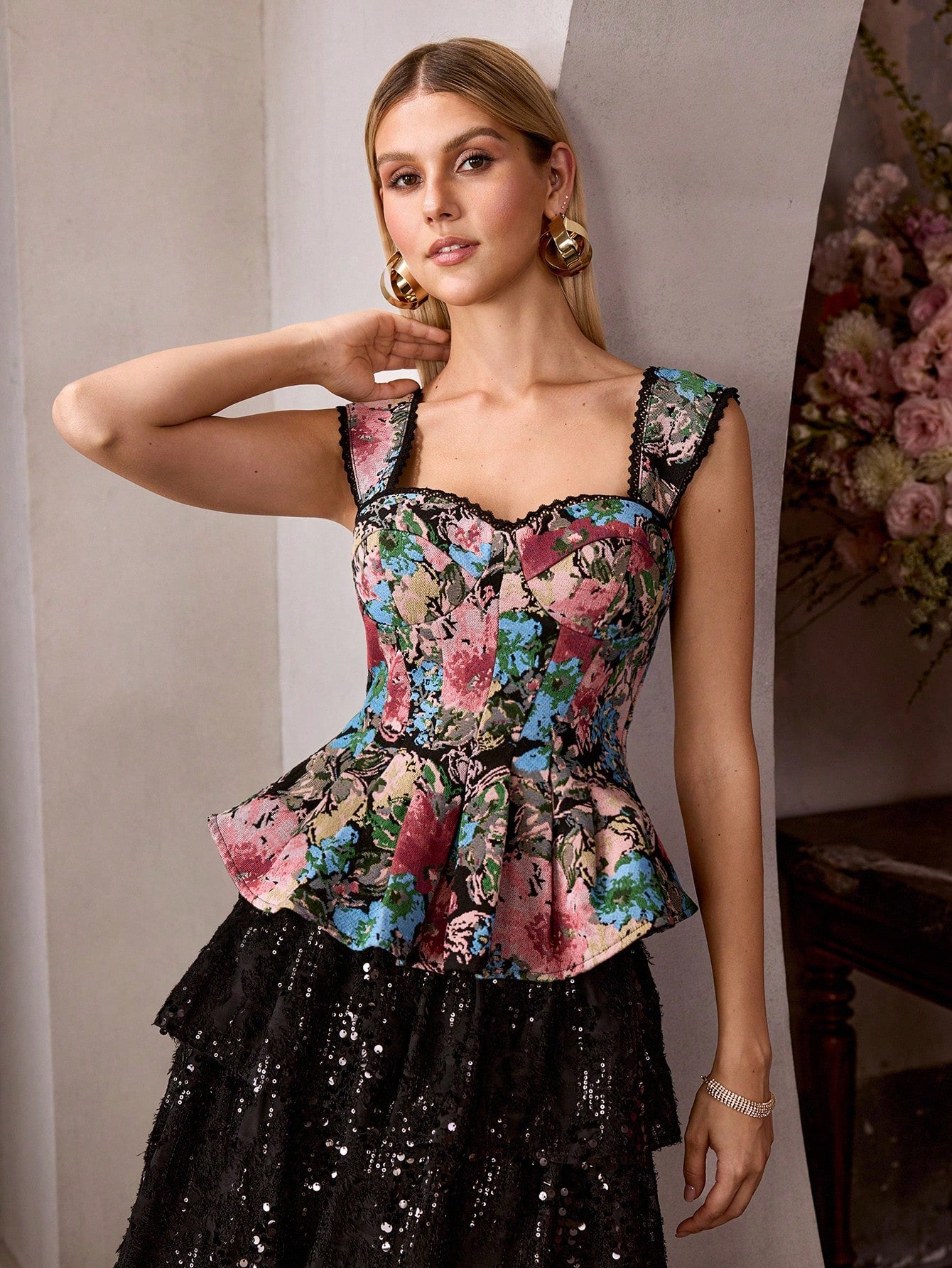 CM-TS266339 Women Elegant Seoul Style Sweetheart Neckline Wide Strap Lace Trim Floral Print Top
