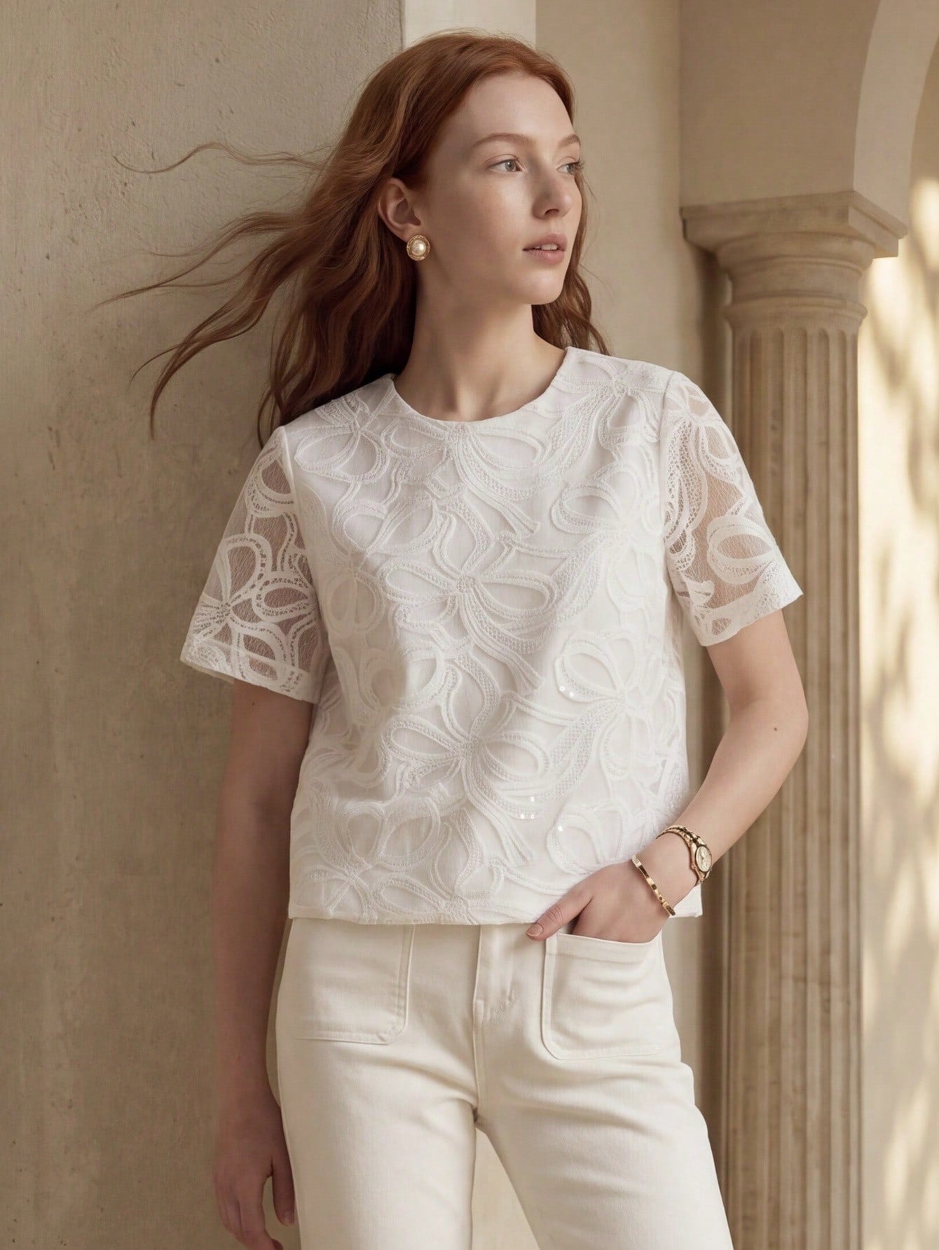 CM-TS956259 Women Elegant Seoul Style Round Neck Short Sleeve Bow Hollow Embroidered Sequin Blouse - White