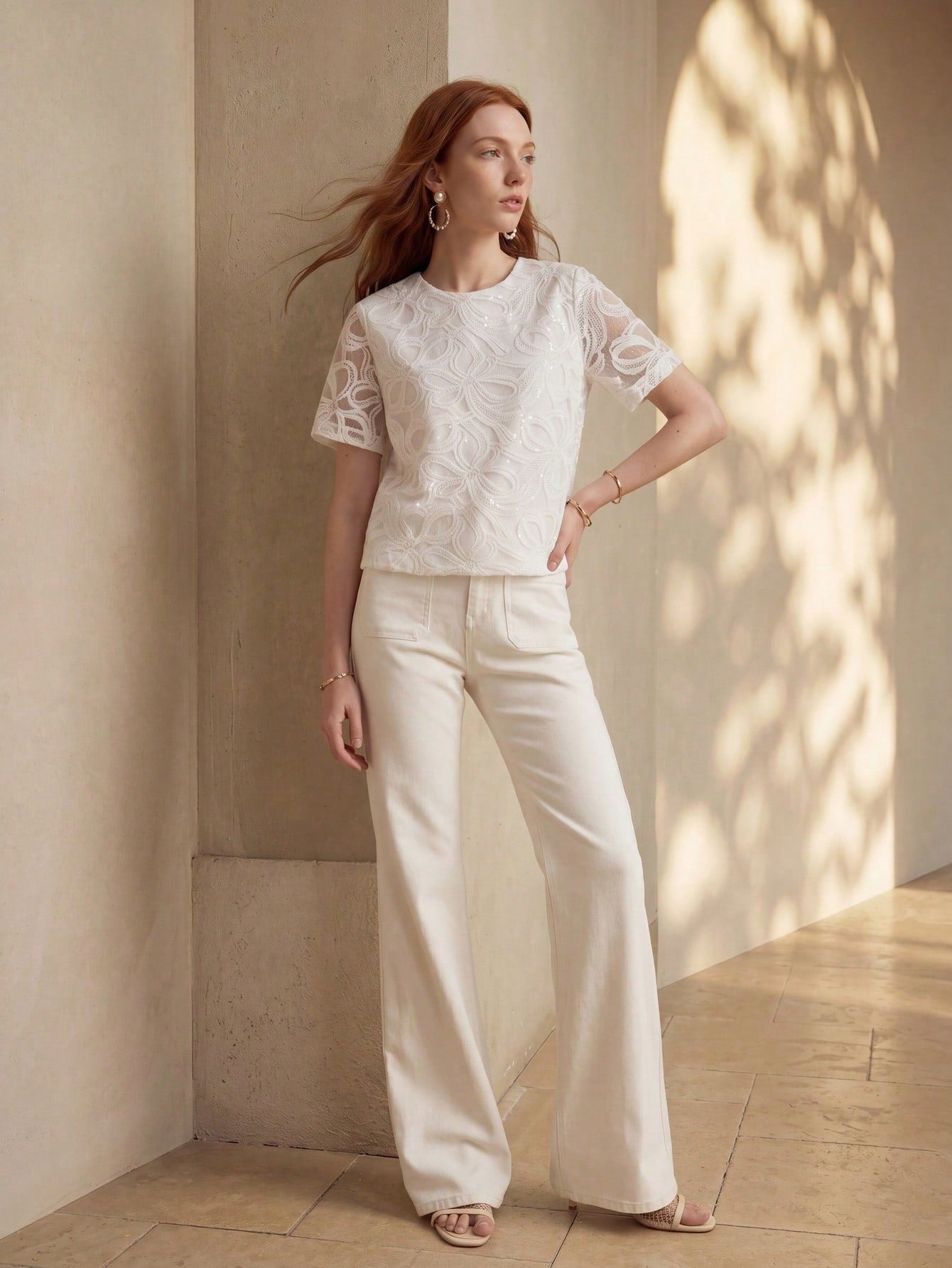 CM-TS956259 Women Elegant Seoul Style Round Neck Short Sleeve Bow Hollow Embroidered Sequin Blouse - White