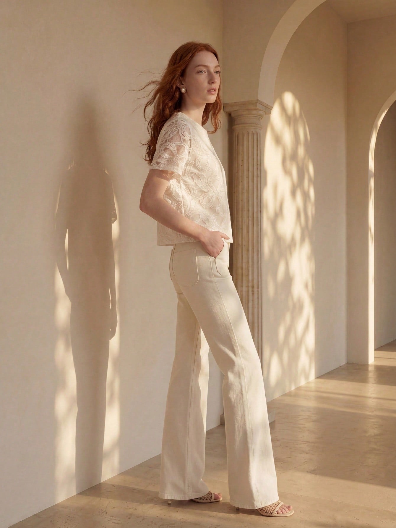 CM-TS956259 Women Elegant Seoul Style Round Neck Short Sleeve Bow Hollow Embroidered Sequin Blouse - White