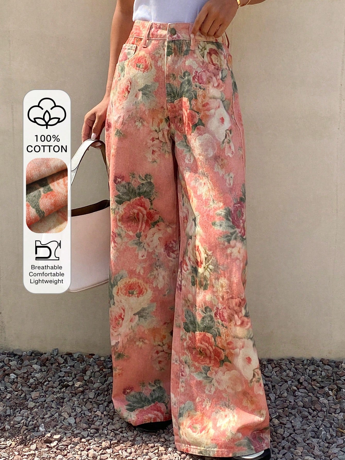 CM-BS722849 Women Casual Seoul Style Mid Waist Elastic Waist Floral Print Straight Leg Denim Jeans - Pink