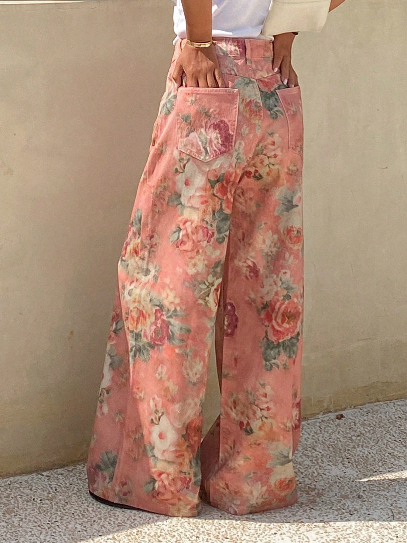 CM-BS722849 Women Casual Seoul Style Mid Waist Elastic Waist Floral Print Straight Leg Denim Jeans - Pink
