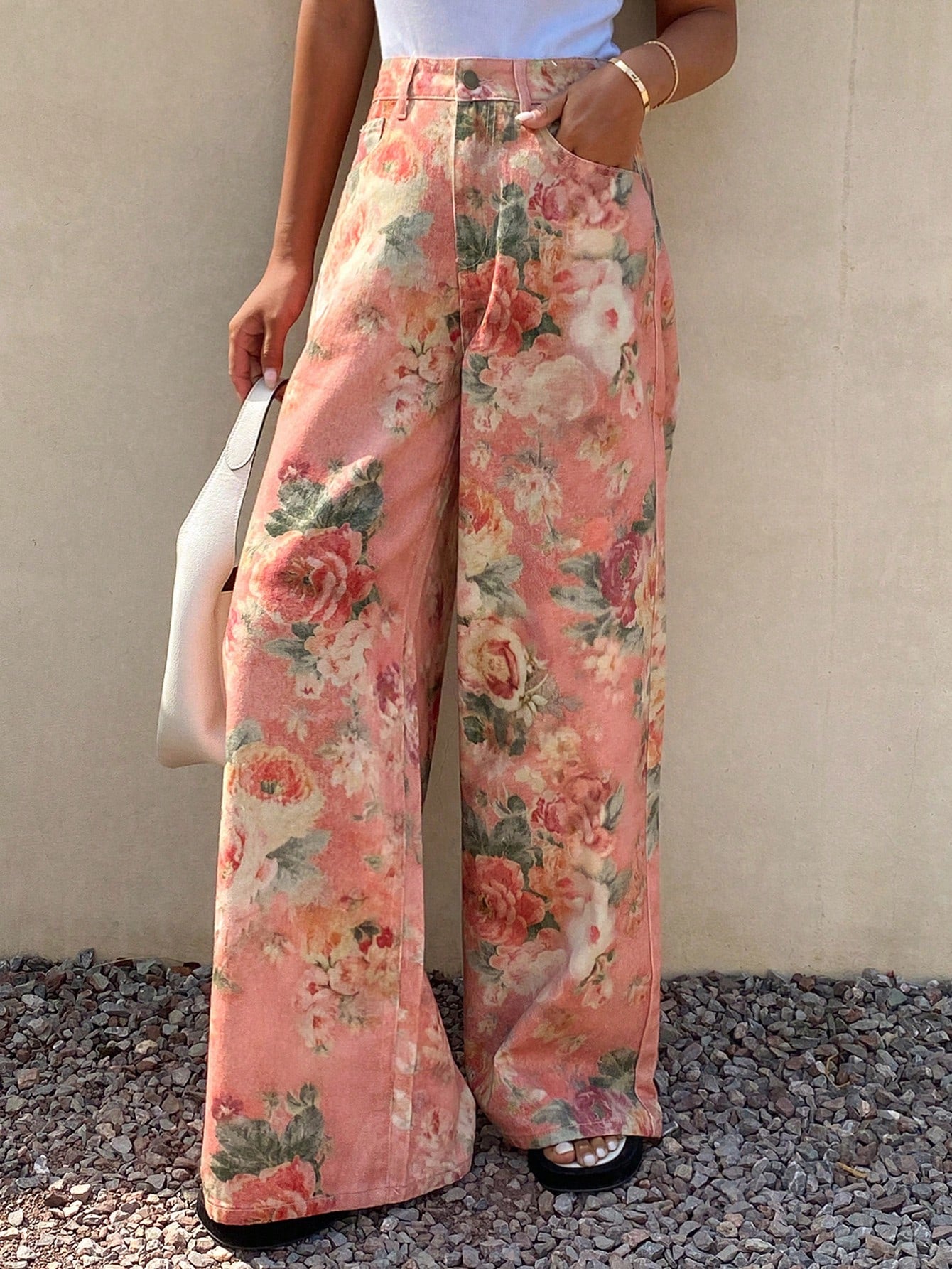 CM-BS722849 Women Casual Seoul Style Mid Waist Elastic Waist Floral Print Straight Leg Denim Jeans - Pink
