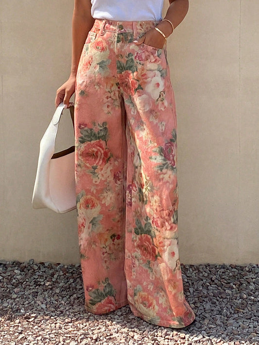 CM-BS722849 Women Casual Seoul Style Mid Waist Elastic Waist Floral Print Straight Leg Denim Jeans - Pink