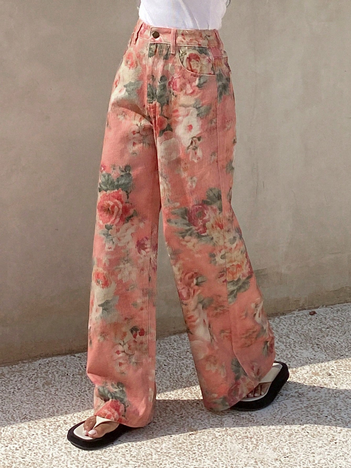 CM-BS722849 Women Casual Seoul Style Mid Waist Elastic Waist Floral Print Straight Leg Denim Jeans - Pink